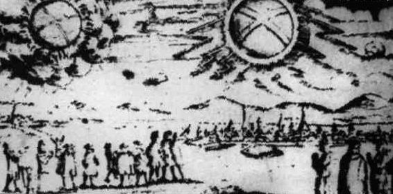 Dois objetos voadores gigantescos vistos pelos habitantes das cidades de Mecklenburgo e Hamburgo, Alemanha, em 4 de novembro de 1697